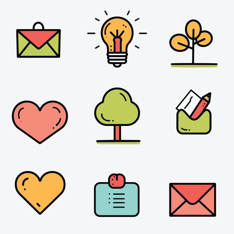 A set of icons that include a tree, a light bulb, a heart, a tree, vector
