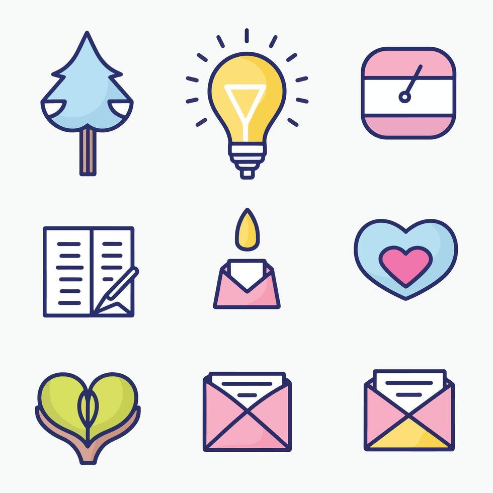 A set of icons that include a light bulb, a tree, a heart, a tree, vector