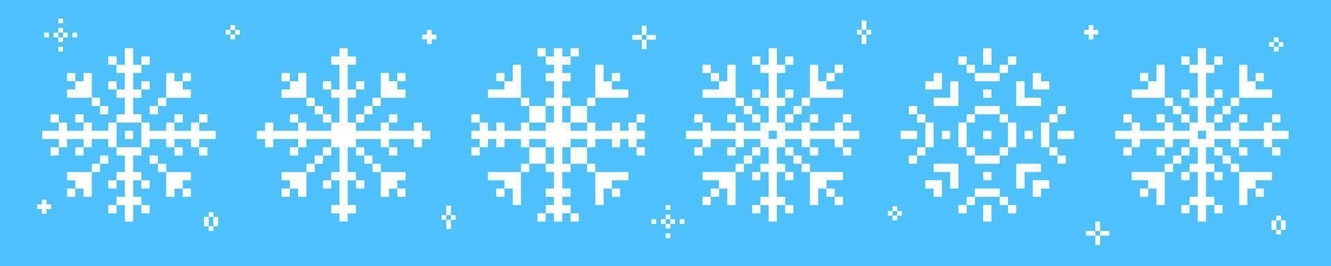 Set of snowflakes or winter icon in pixel art. Retro illustration. vector