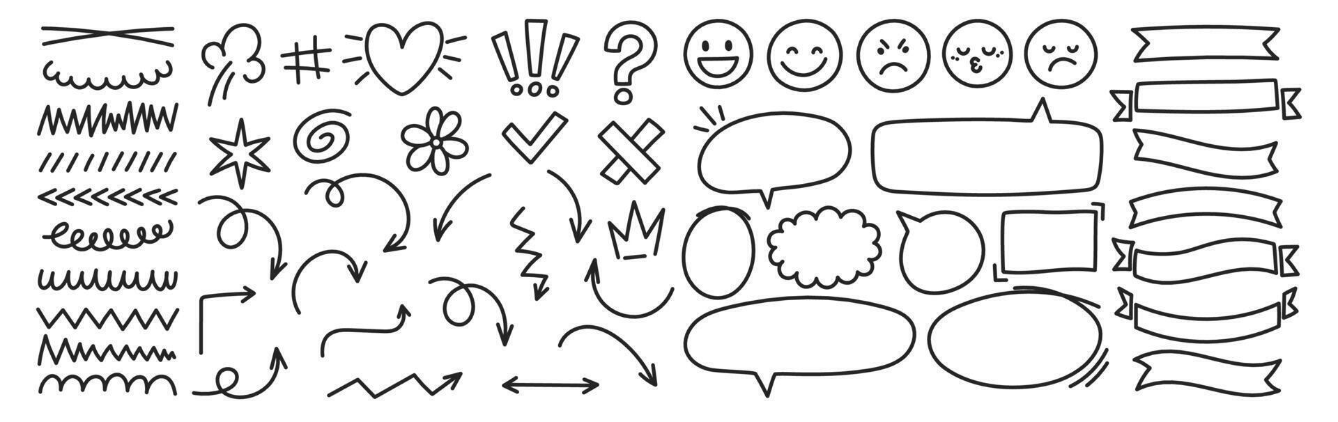 Hand drawn comic speech bubble, highlights, heart, exclamation, arrows, text box, stars and crown. Sketch illustration. Editable stroke. vector