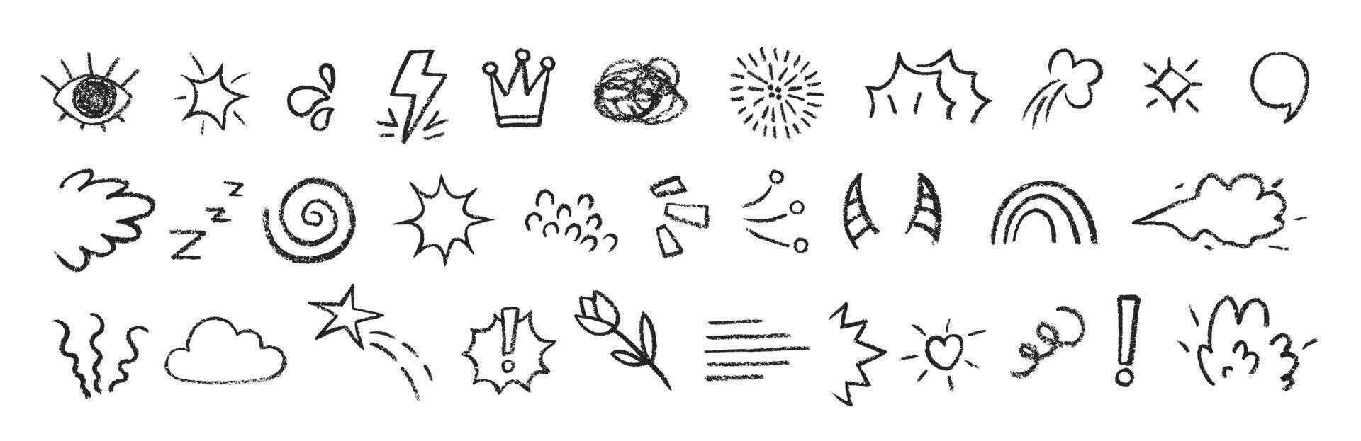 Collection of hand drawn crayon doodle shapes in punk and girly style. illustration. vector
