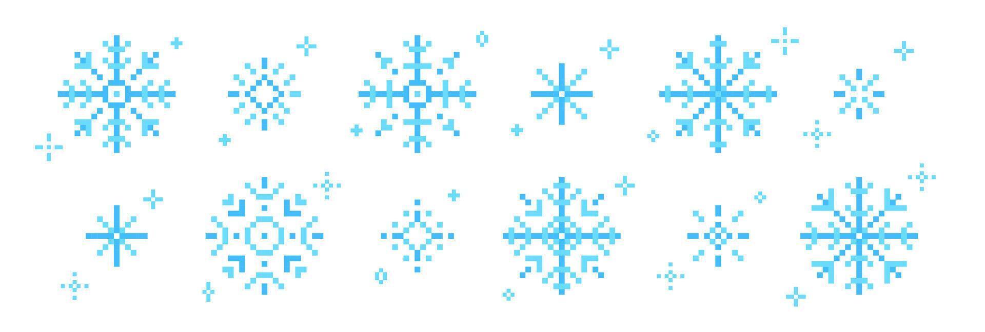 Set of snowflakes or snow icon in pixel art. Retro illustration. vector