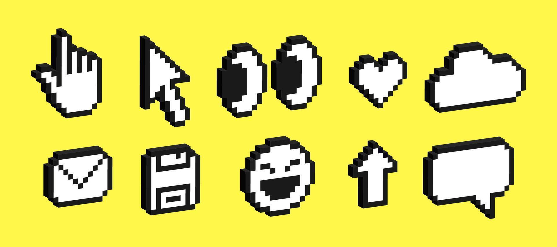 Set of 3d pixel art icons of emoji, arrow, cloud, eye, heart, email. Pack of pixelated emoji icons. 8-bit retro illustration of emoticons. vector