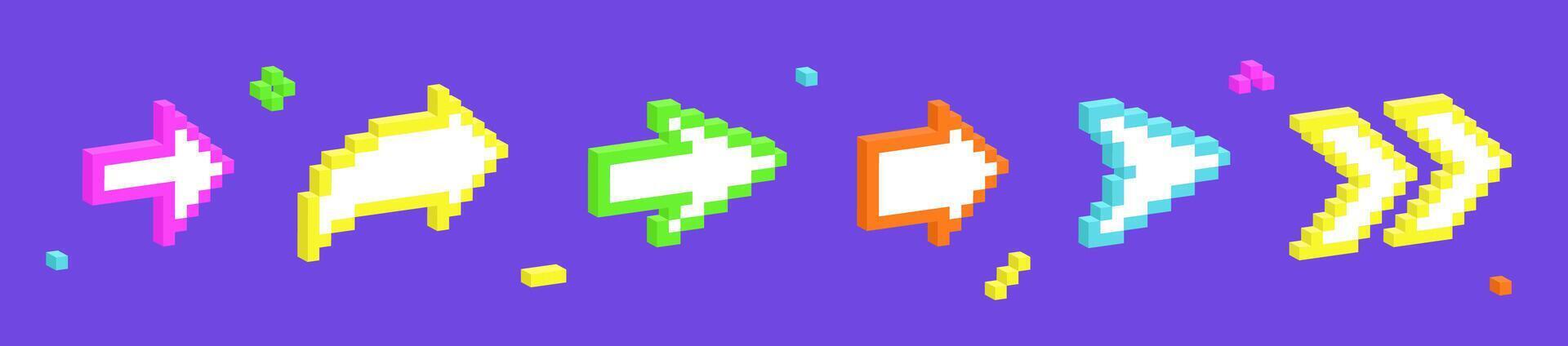 Set of 3d arrows in pixel art style. illustration of 8 bit game assets. vector