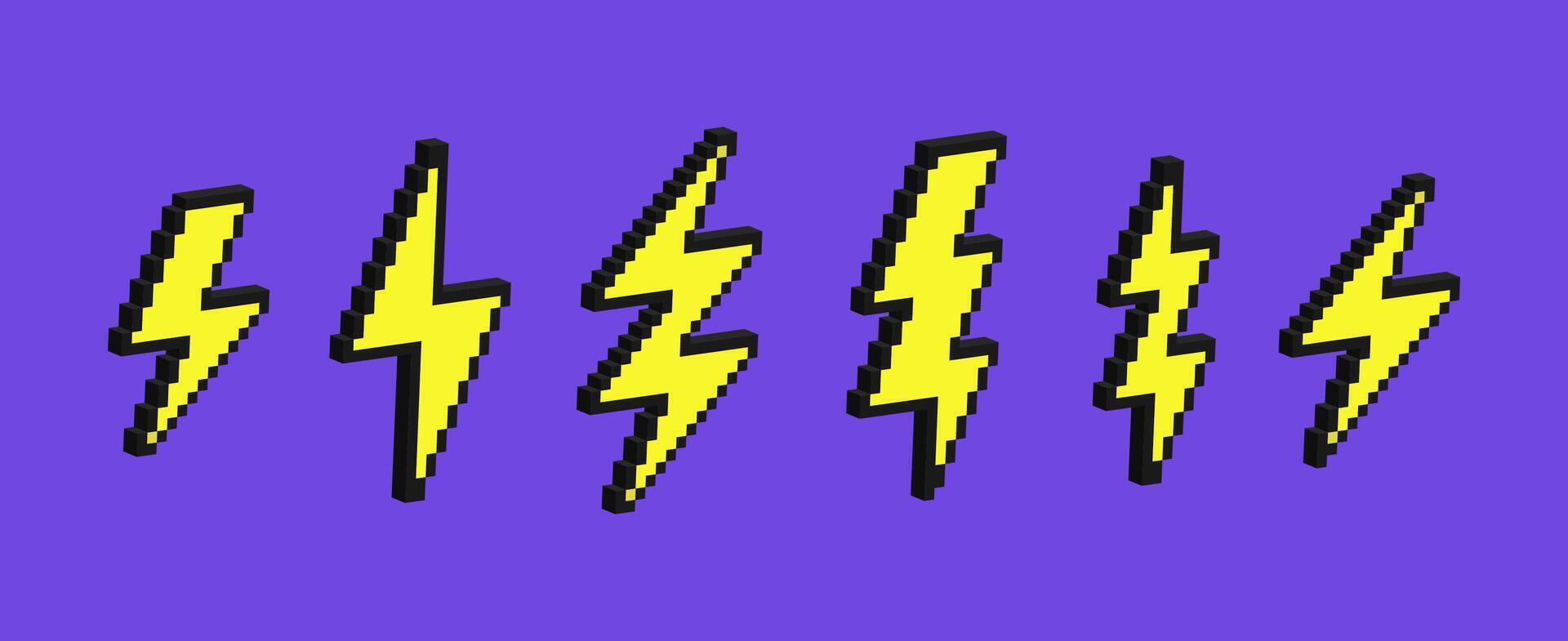 Set of lightning bolt, thunder, electric or weather icon in pixel art style. 3d retro illustration. vector