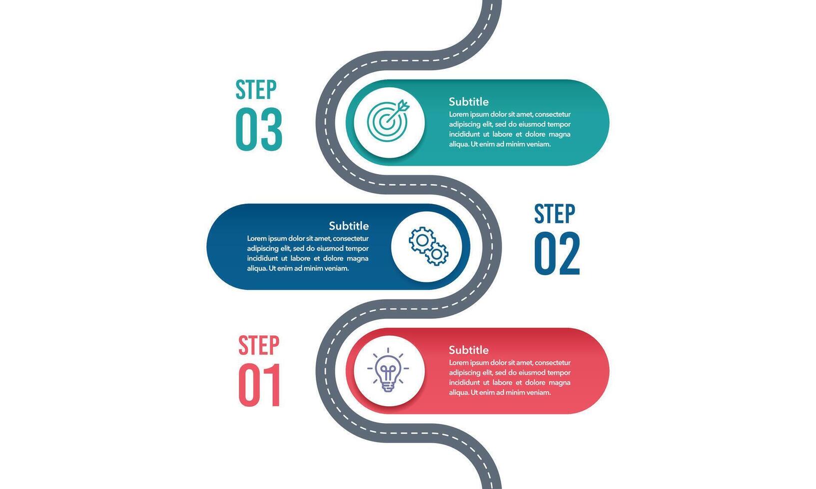 3 Process Infographic Roadmap Design Template. Milestone, Timeline, Steps and Option to success. vector