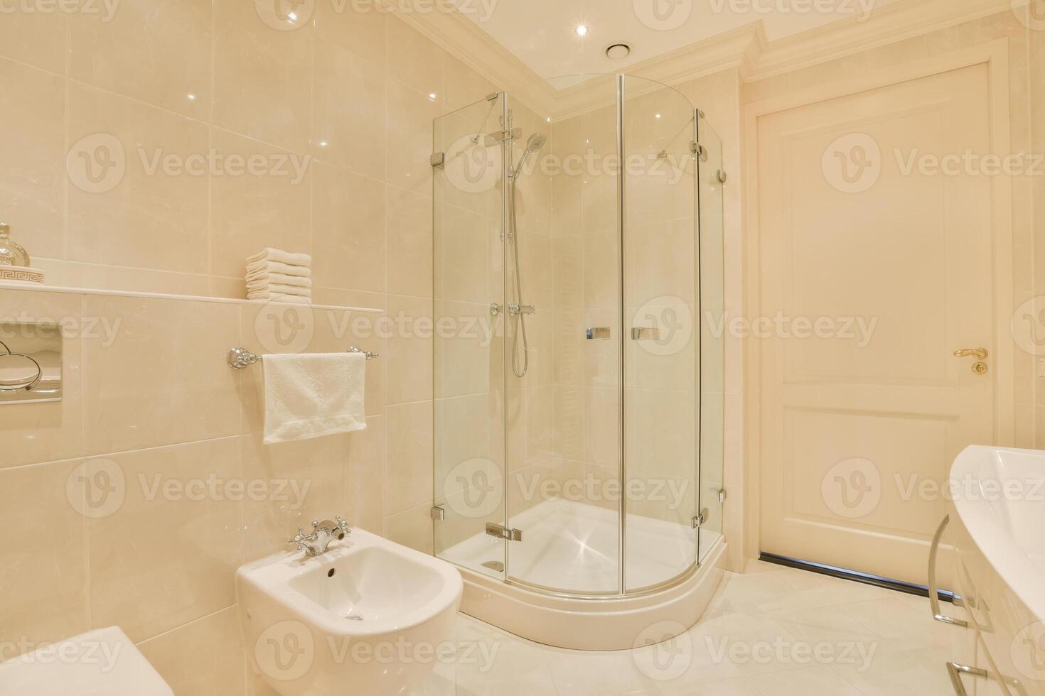 A bathroom with a shower, toilet and sink photo