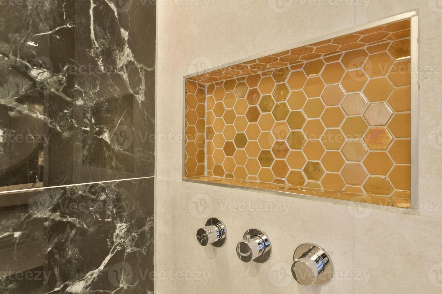 A bathroom with a marble floor and a shower photo