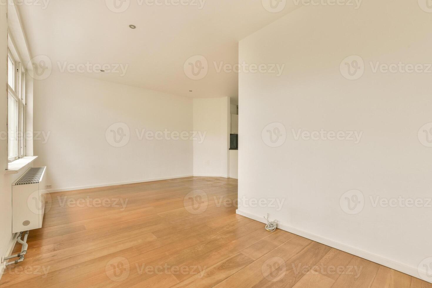An empty room with hardwood floors and white walls photo