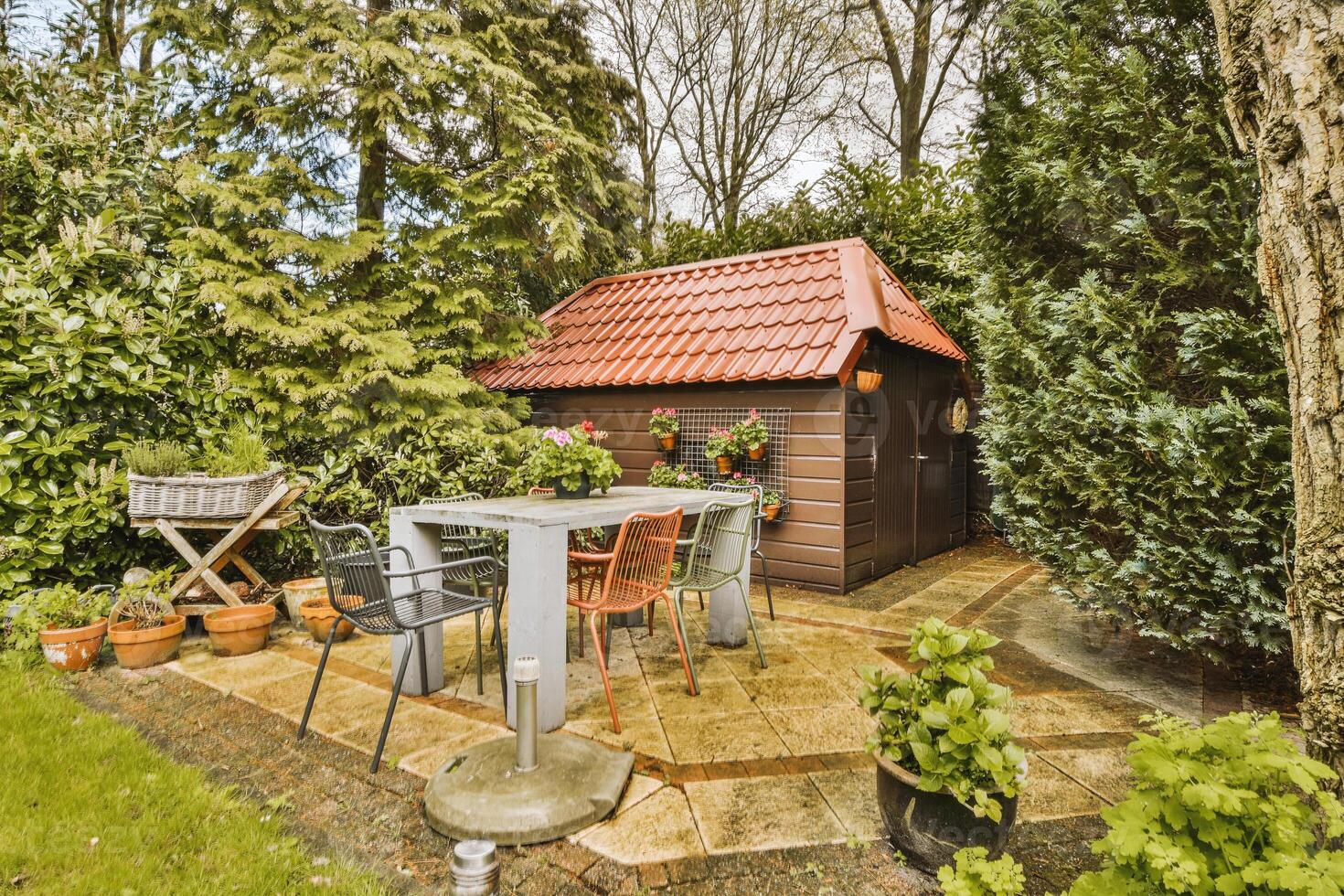 A table and chairs in a backyard photo