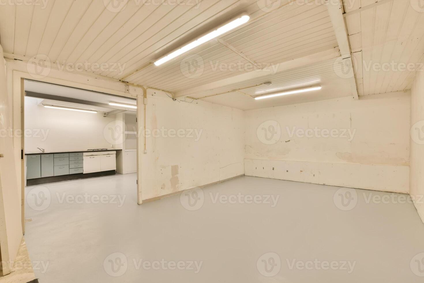 An empty room with a kitchen and a sink photo