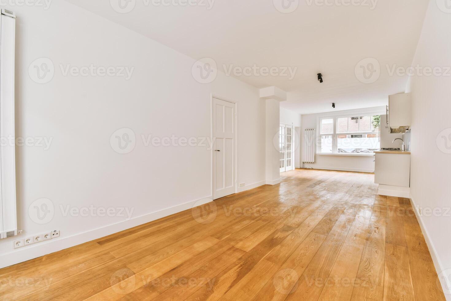 A white room with wooden floors and a radiator photo