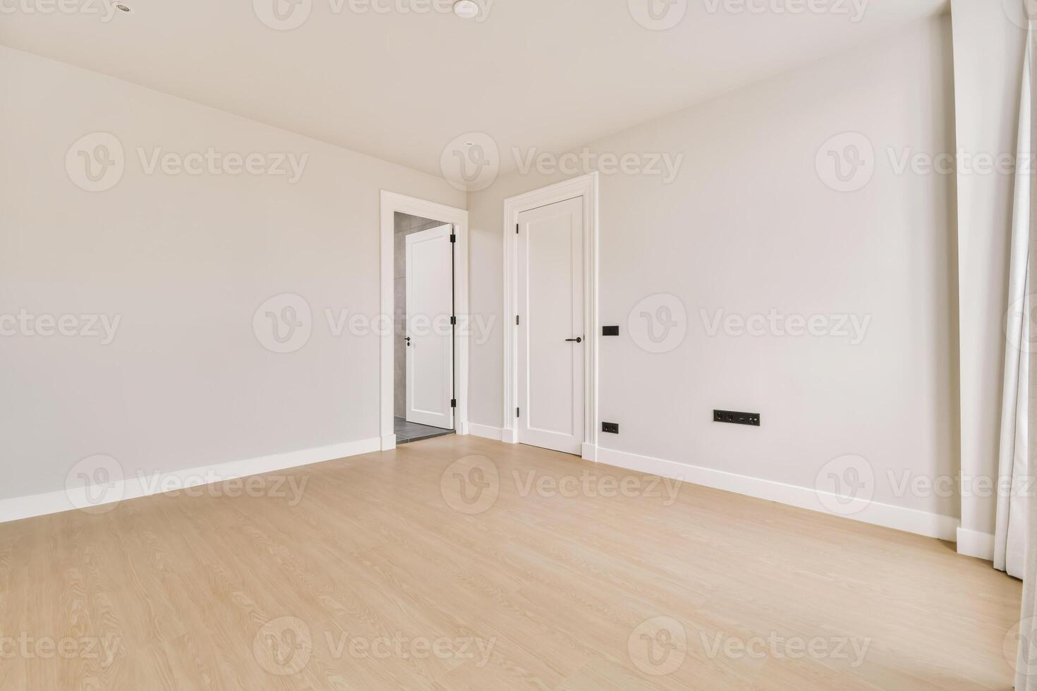 Empty room with wooden floors and white walls photo