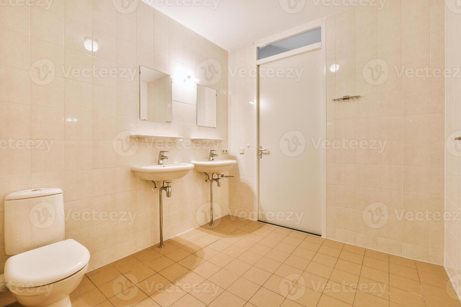 A bathroom with a toilet, sink and mirror photo