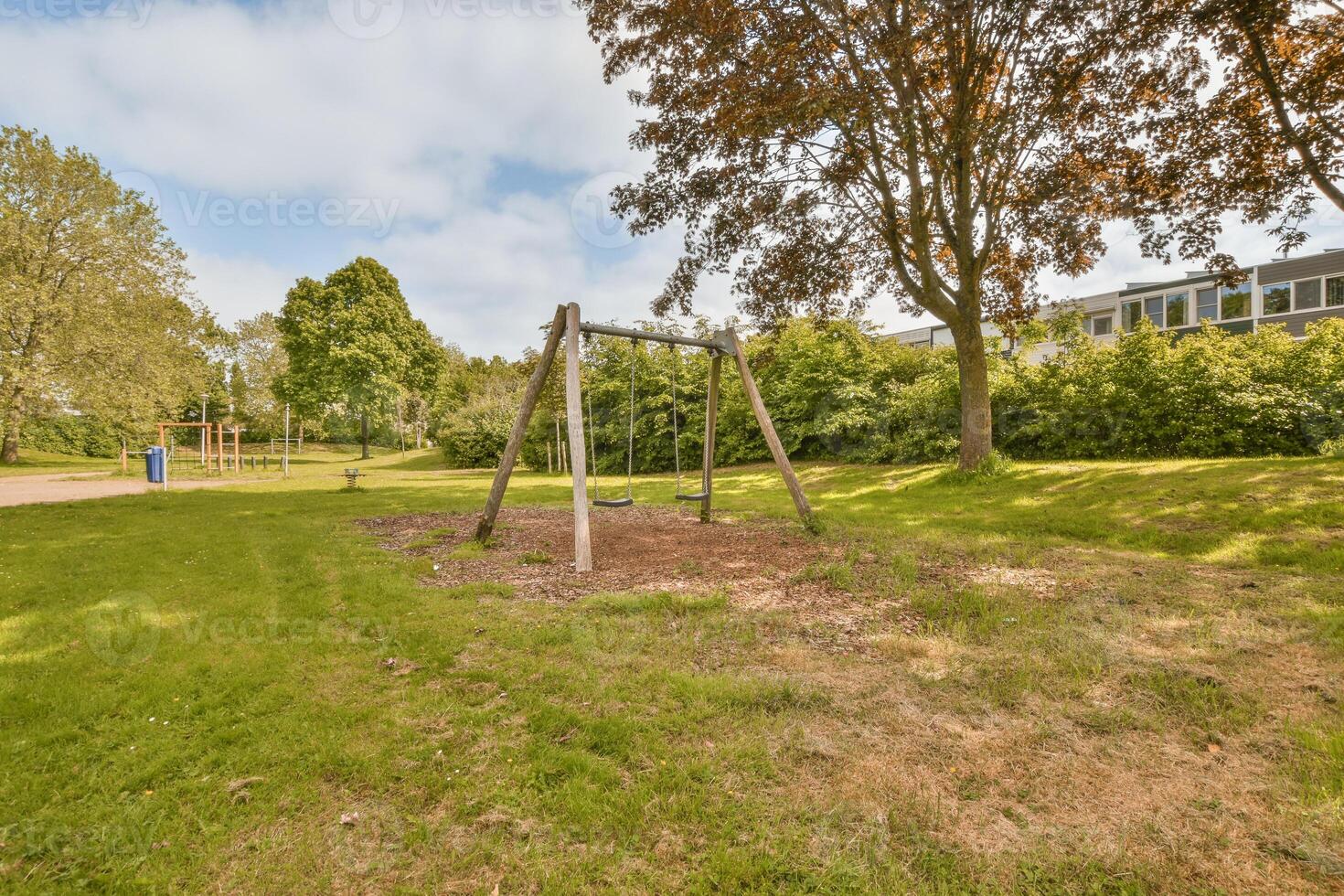 A playground with swings and a tree in the middle photo