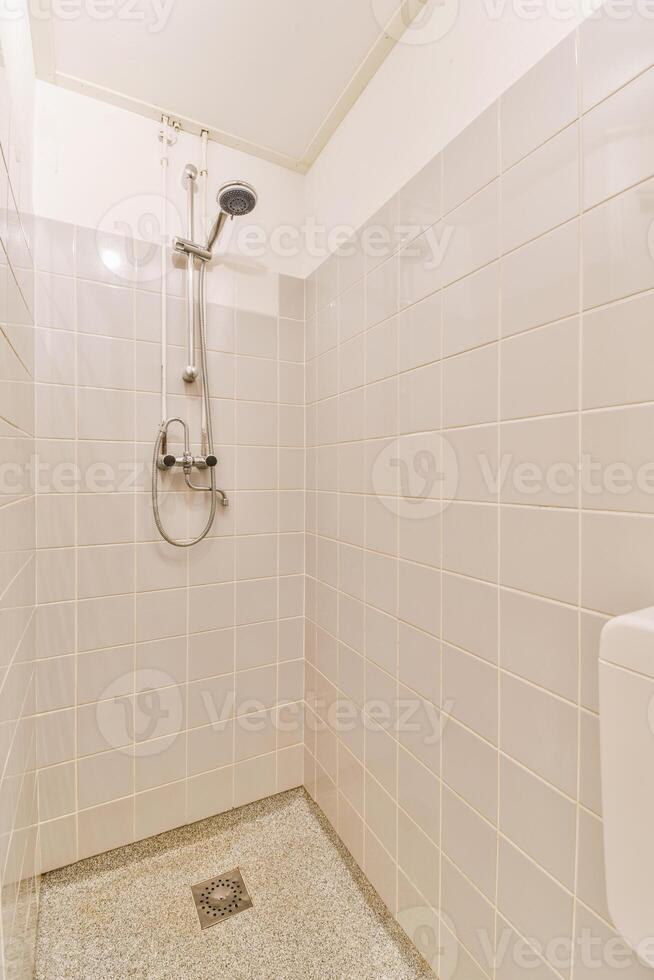 A bathroom with a shower and toilet photo