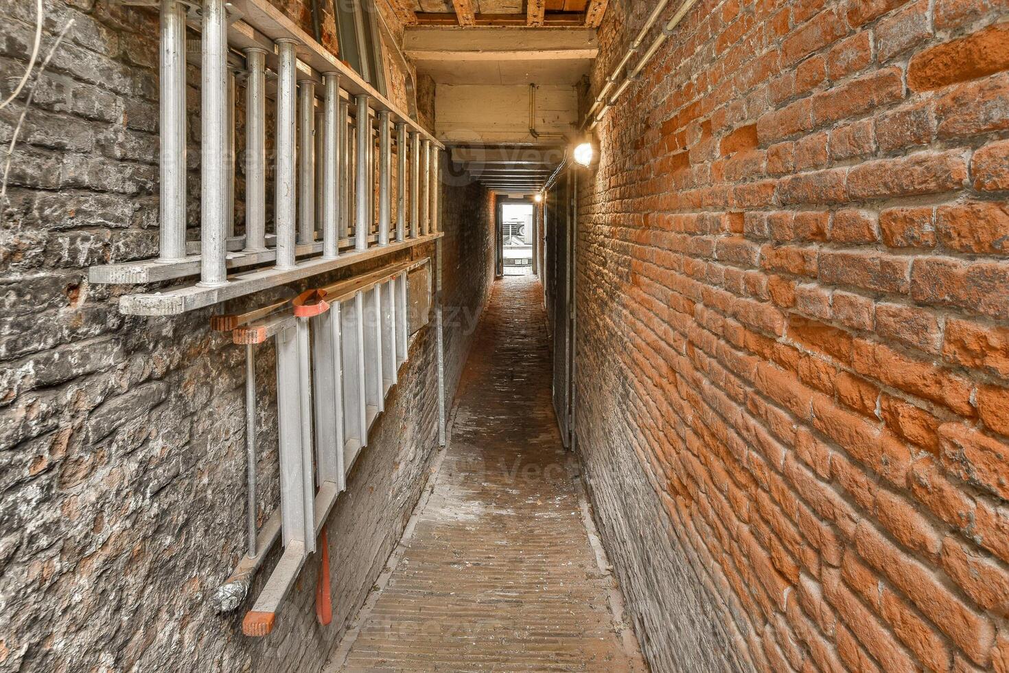 A narrow alley with a ladder leading to the top photo