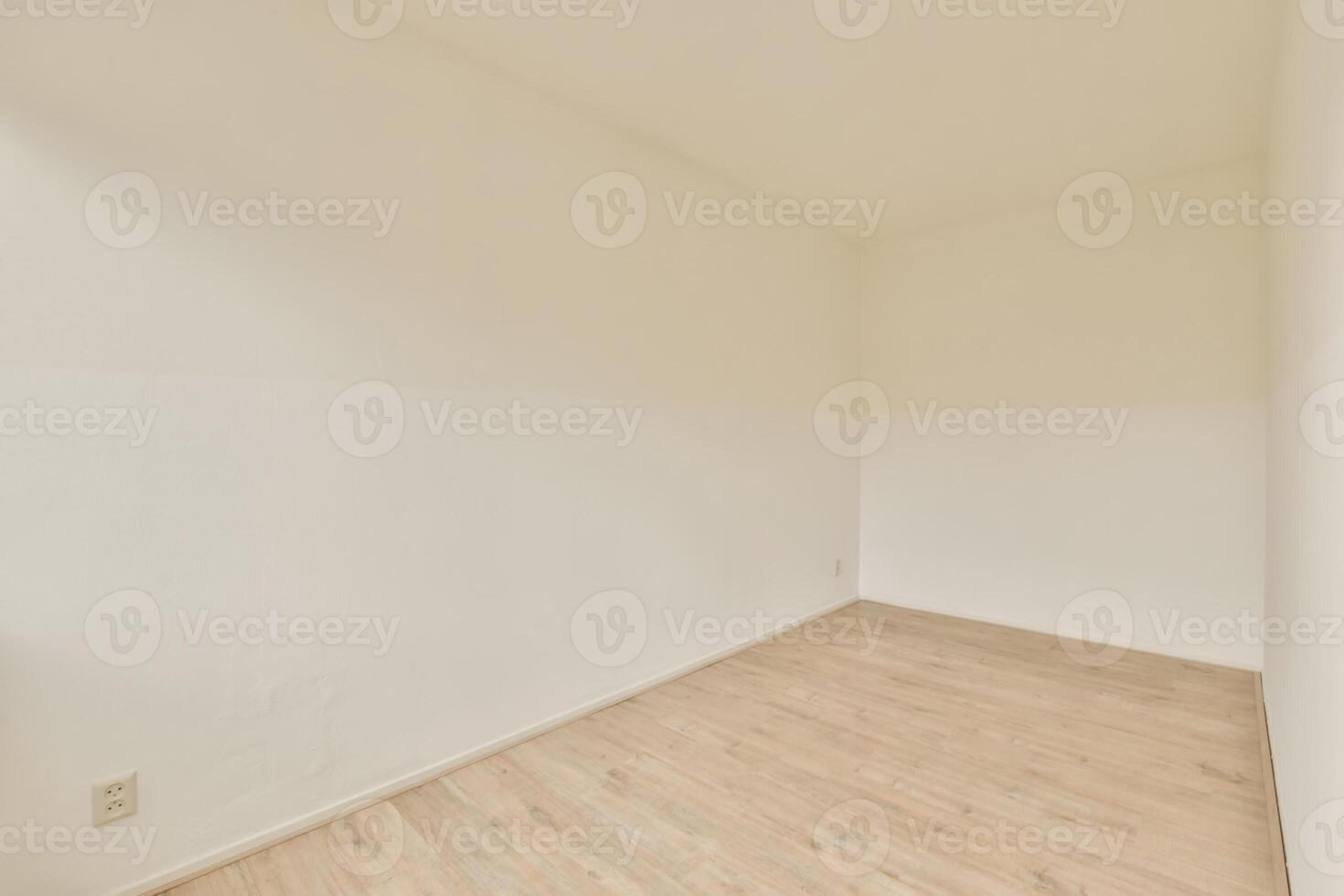 An empty room with a wooden floor and white walls photo