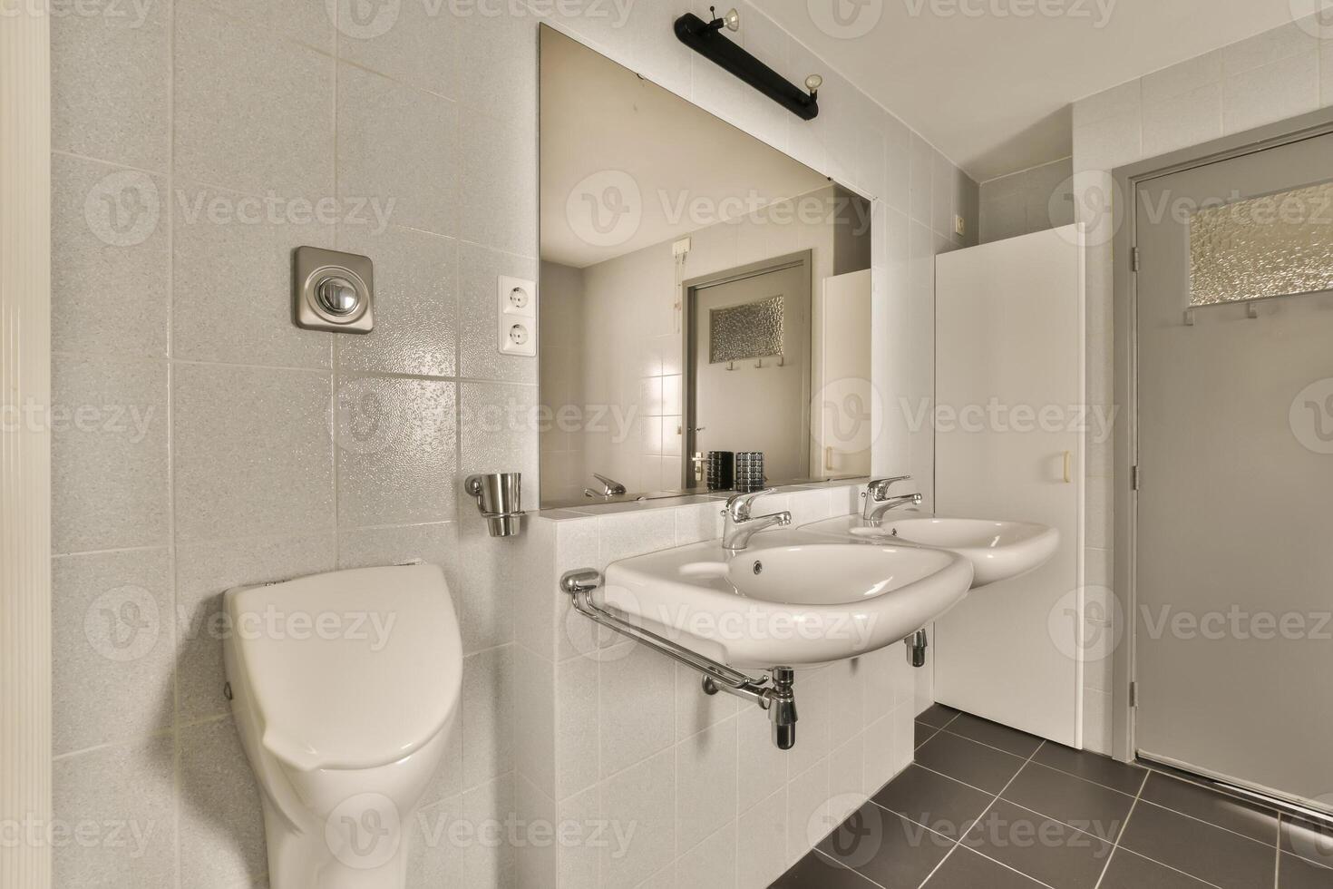 A bathroom with two sinks and a toilet photo