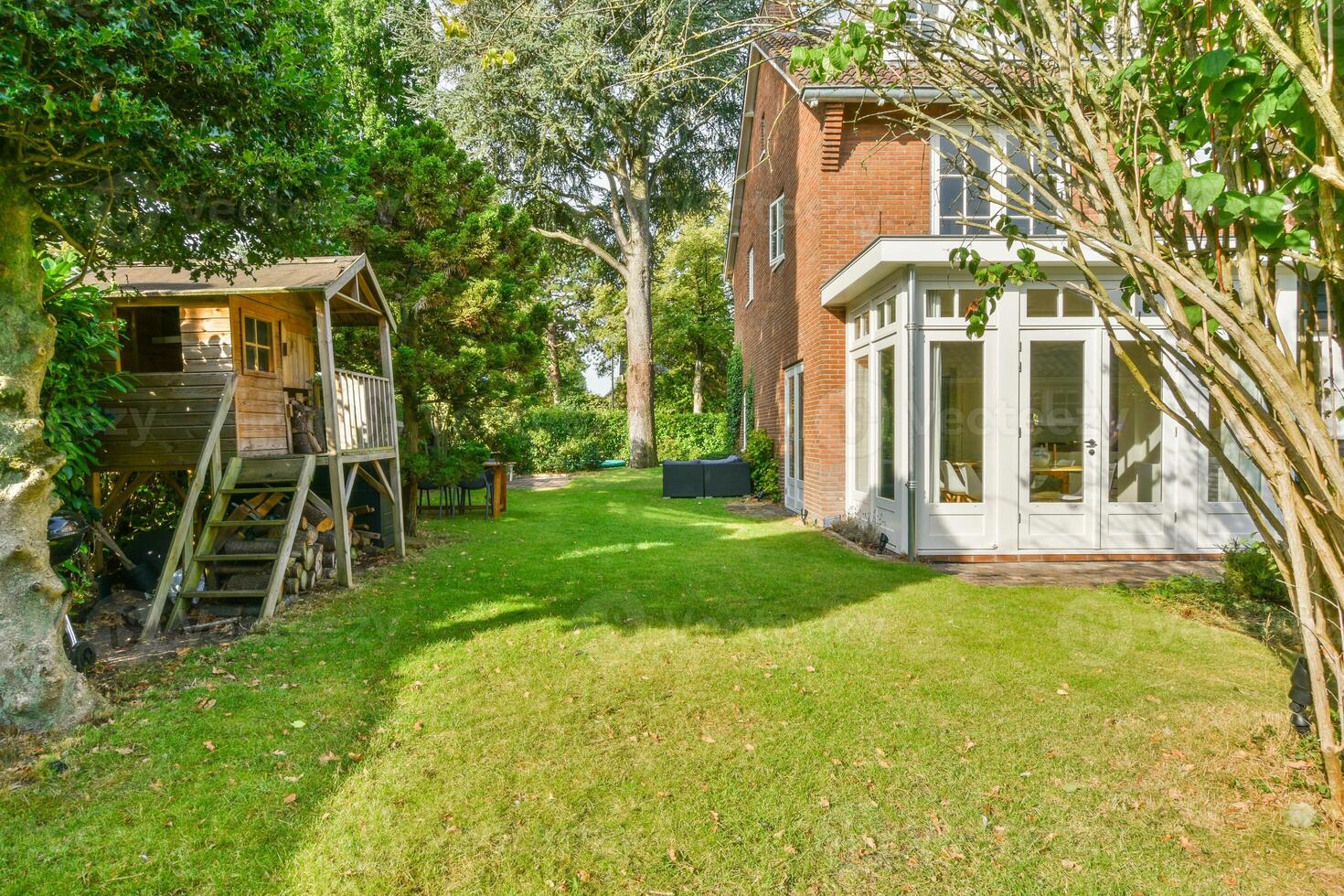A large house with a large yard and a tree photo