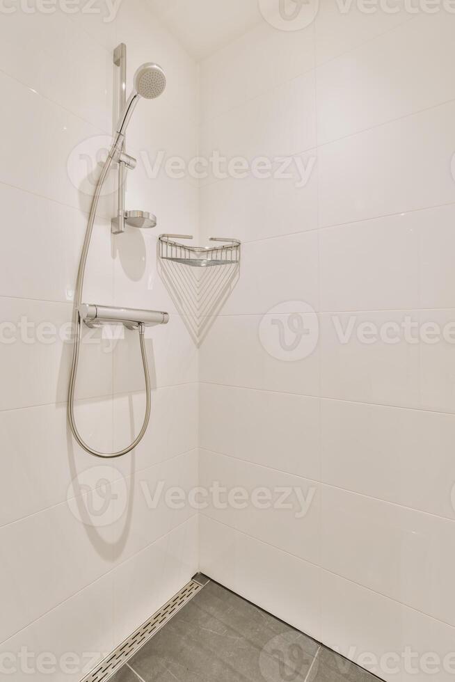 A shower with a shower head and a hand shower photo