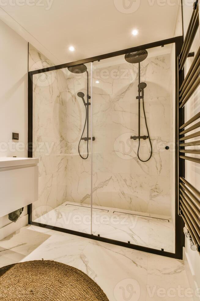 A bathroom with a shower and a sink photo