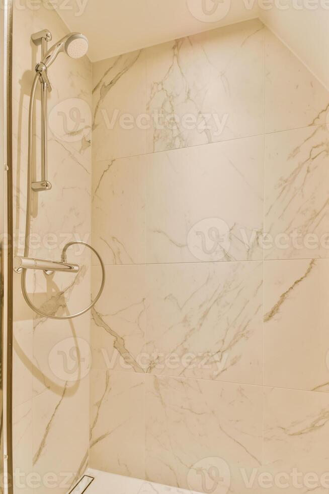 A bathroom with a shower and a toilet photo