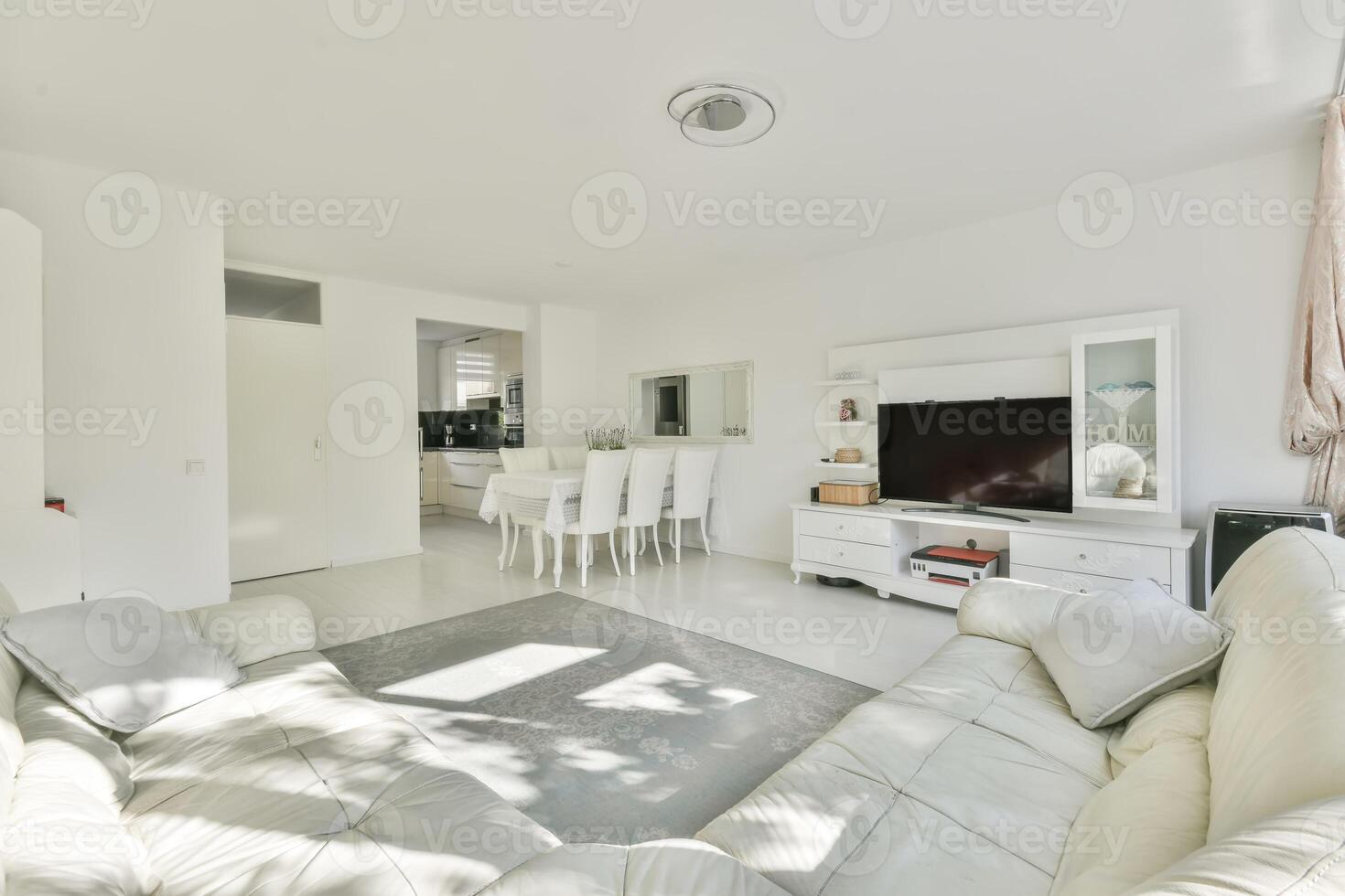 A living room with white furniture and a television photo