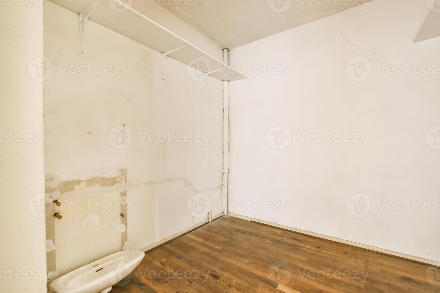 An empty room with a toilet and a sink photo