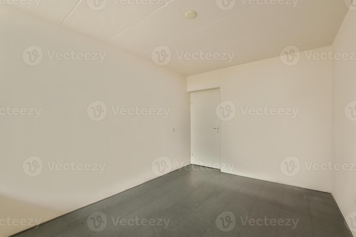 A empty room with a door and a gray floor photo