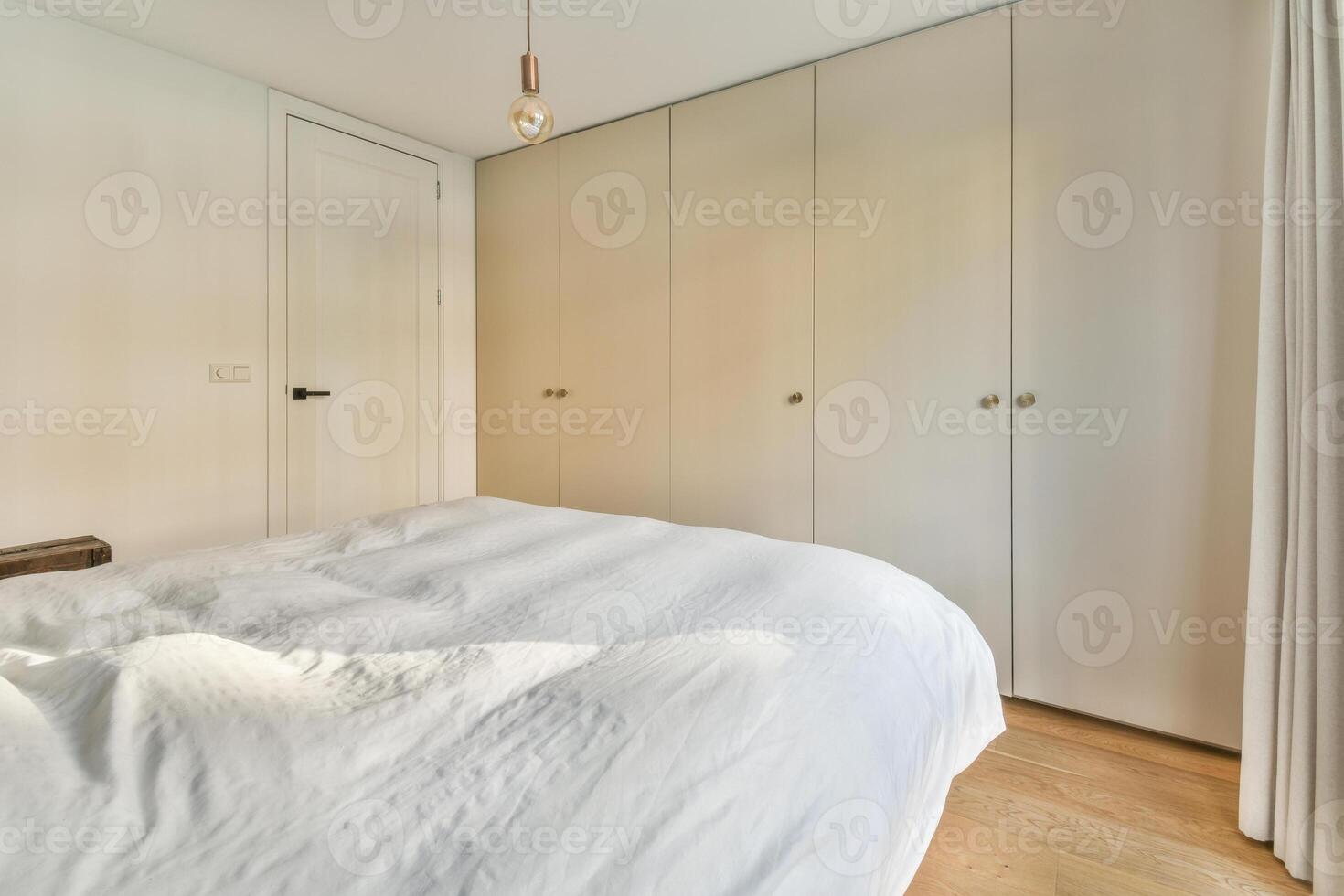 A bedroom with a bed and a closet photo