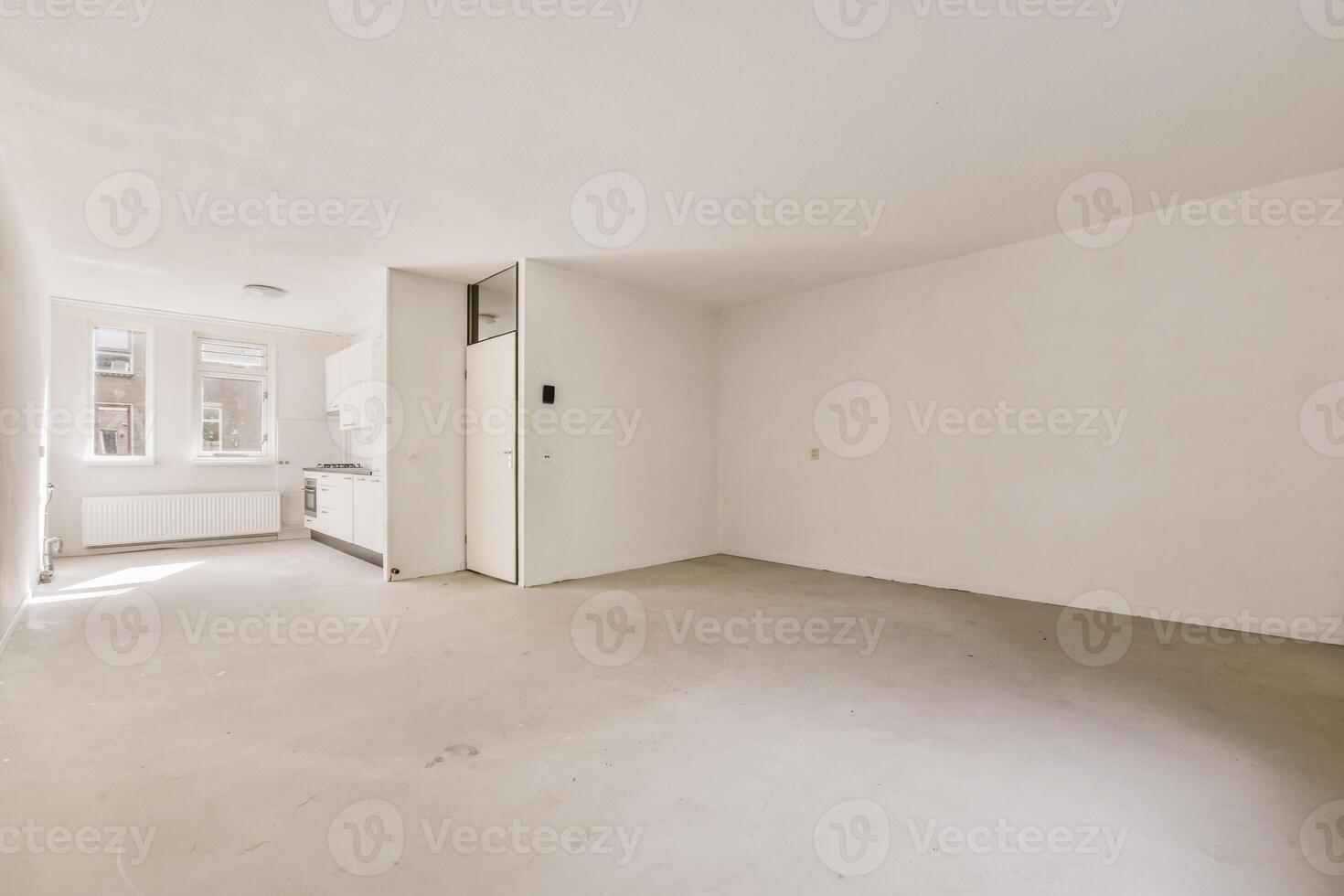 An empty room with white walls and a kitchen photo