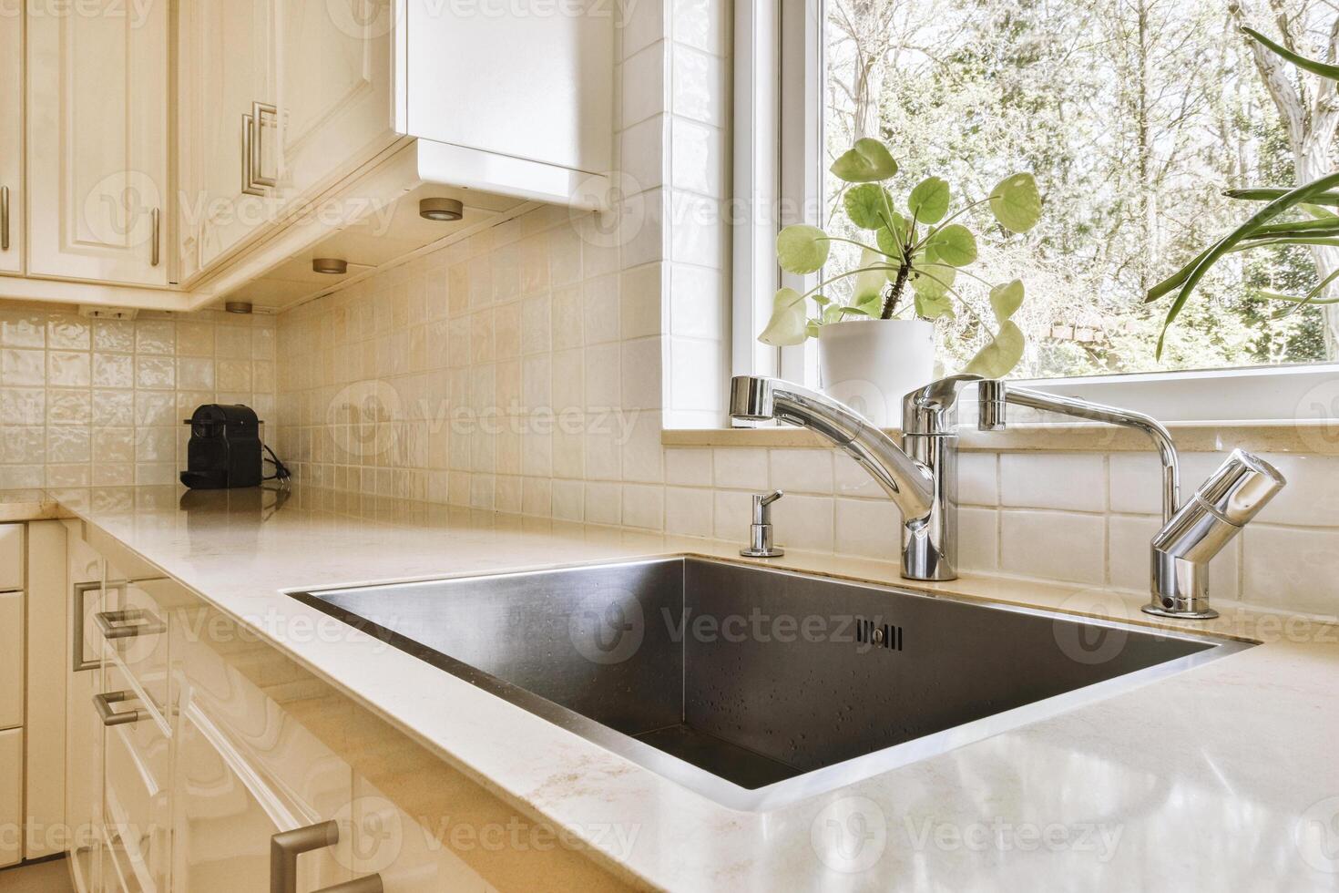 A kitchen sink with a window in the background photo