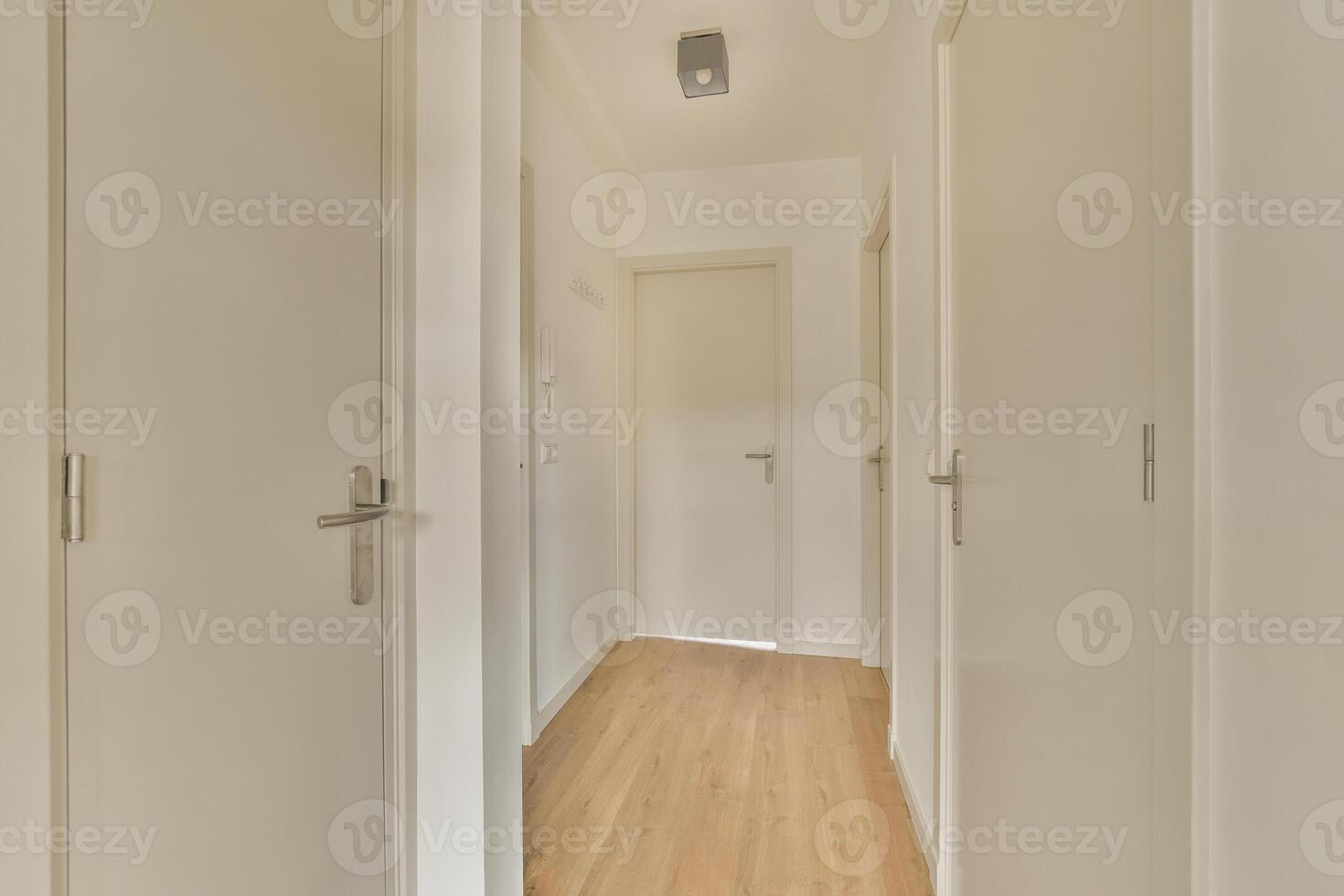A hallway with white walls and wooden floors photo