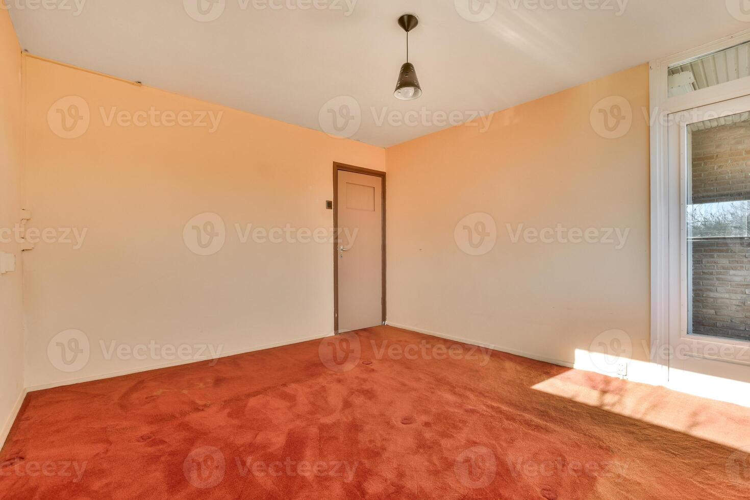 An empty room with a red carpet and a door photo