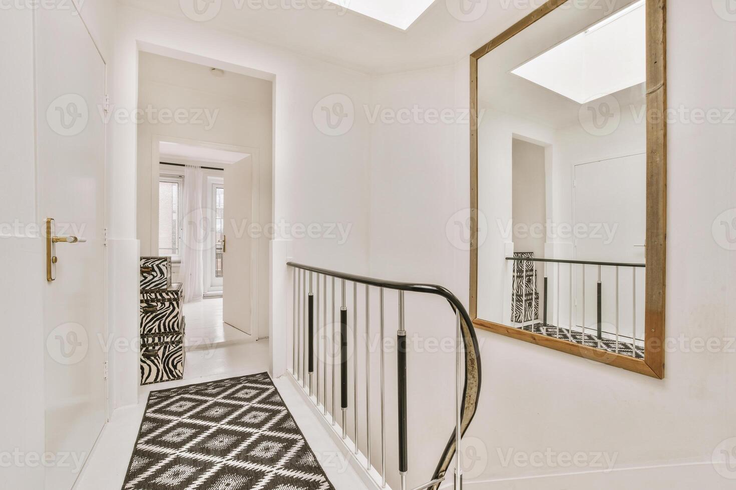 A hallway with a black and white rug and a mirror photo
