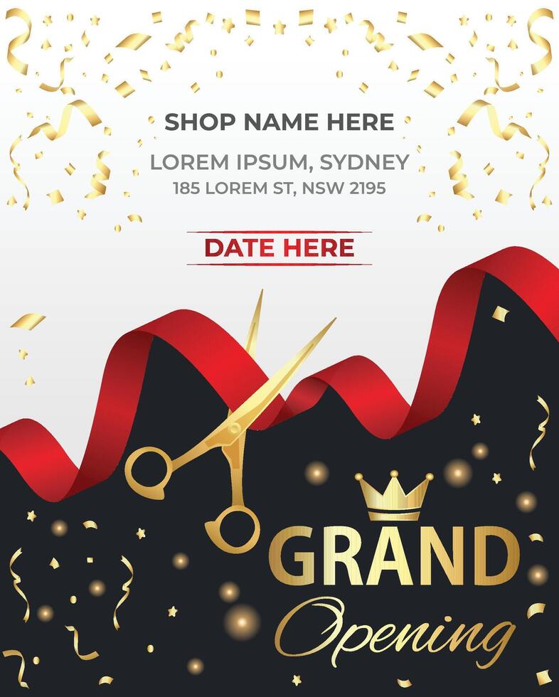 Luxury Grand Opening Banner with Red Ribbon and Confetti Background vector