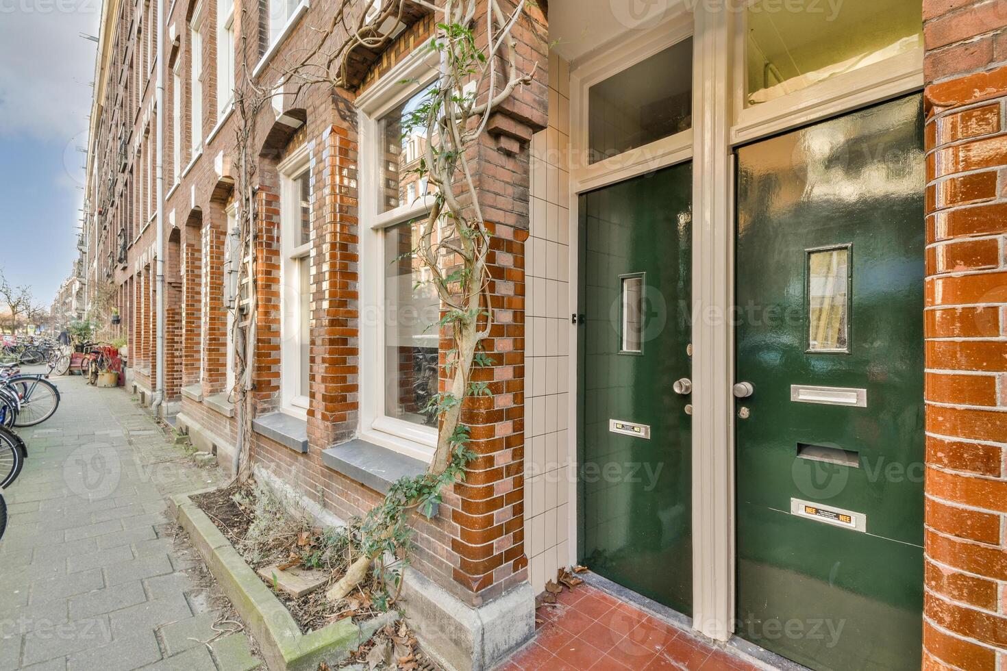 A green door is open on a brick building photo