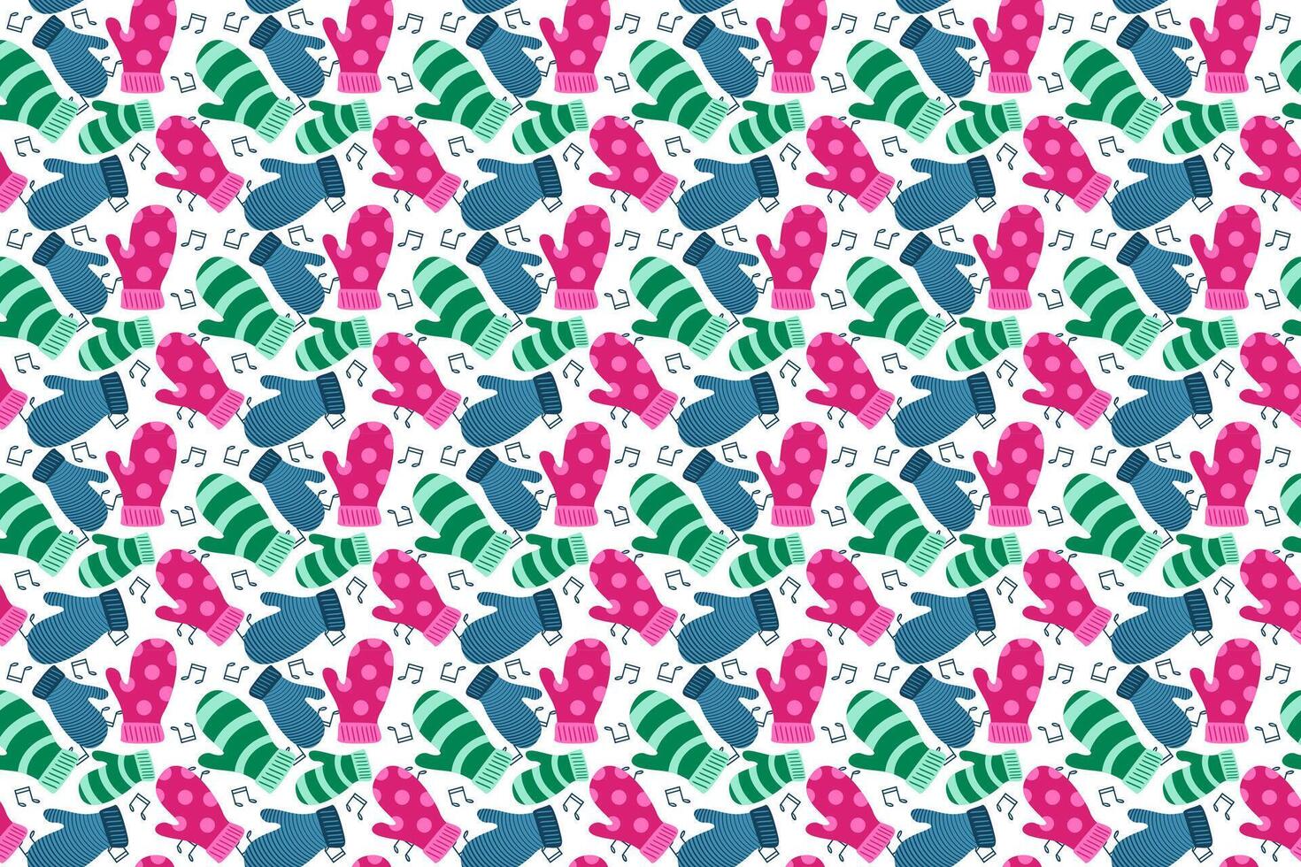 Cute and festive seamless pattern featuring mittens and musical notes. Ideal for creating holiday designs, stationery, or digital products. vector