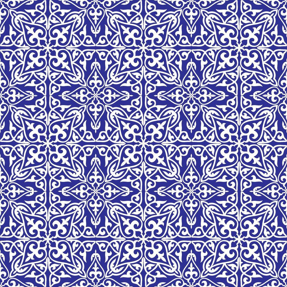 Ceramic tile stylization with blue ornaments. Geometric Seamless Pattern Arabesque blue and white, patchwork. Azulejos portugal, Turkish ornament, Moroccan tile mosaic, Talavera ornament. vector