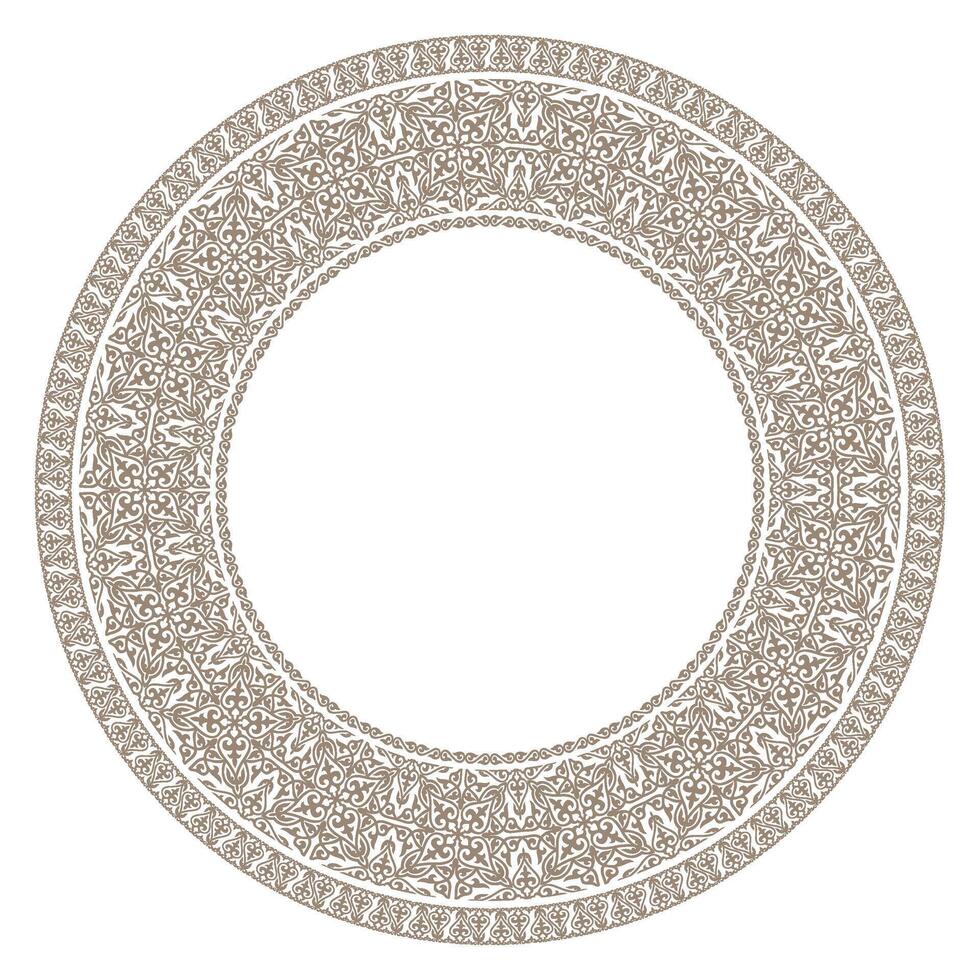 Beautiful round wide gold Islamic Asian Kazakh national ornament frame arabesques. Gold white plate with floral design. Vintage, ethnic pattern frame for round surfaces, embroidery. Turkic pattern vector