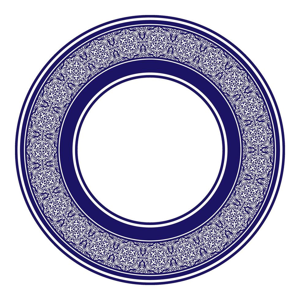 Blue white round traditional ethnic ornament frame. Traditional ornament of middle Asia, frame, border for design plates, textile, of clothes, yurts, felt, yurts, embroidery and print. Circle frame. vector