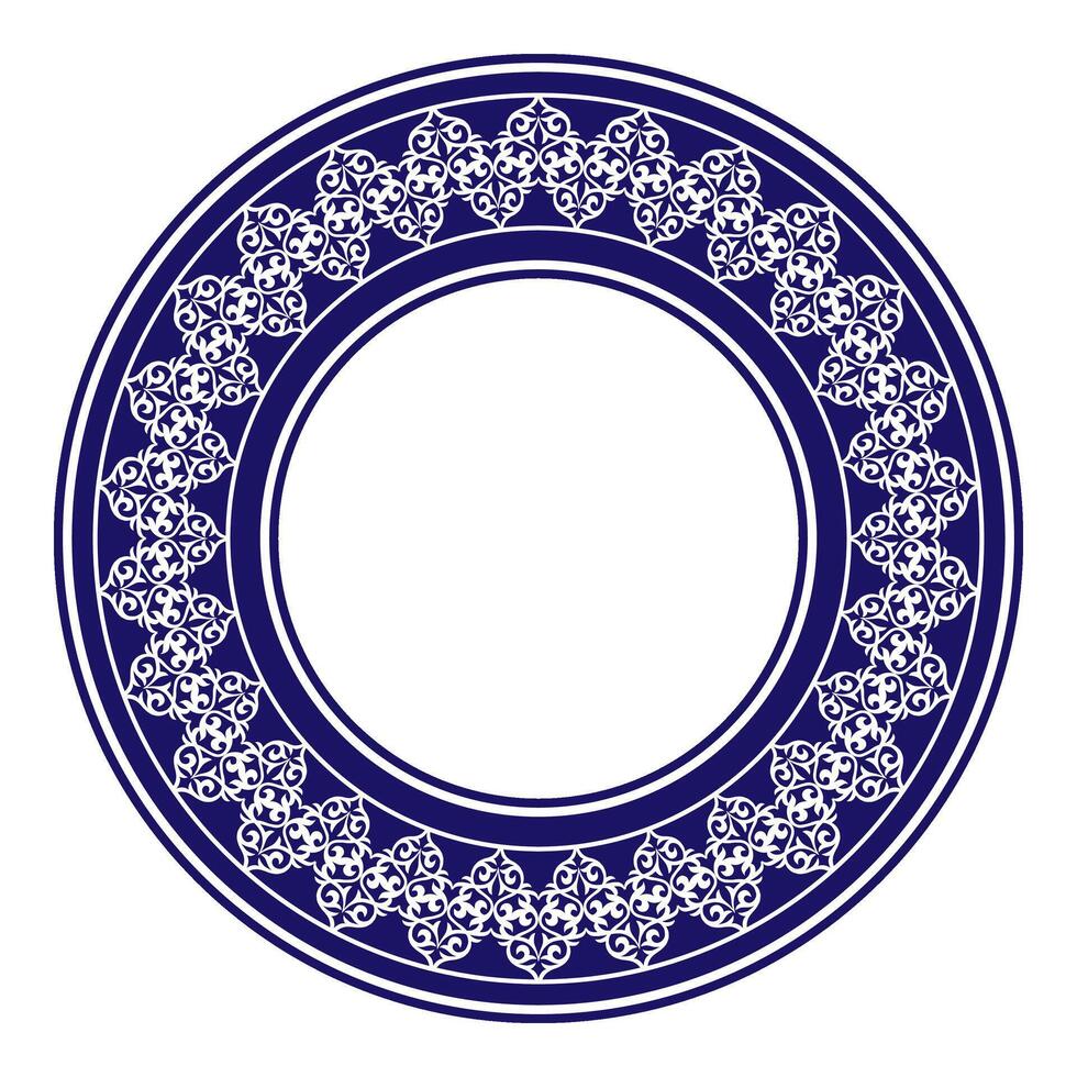 Beautiful round Islamic Asian Kazakh national ornament frame arabesques. Blue white plate with floral design. Vintage, ethnic pattern frame for round surfaces, embroidery vector