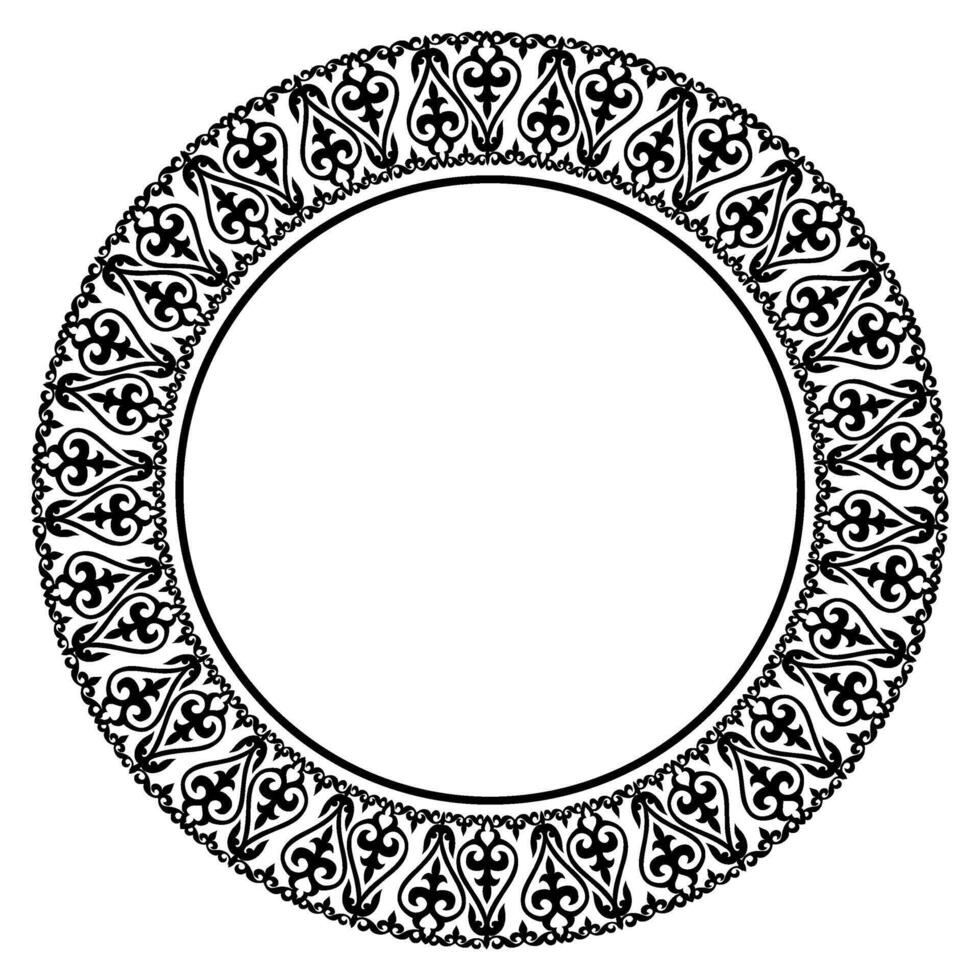 Monochrome round ethnic frame of the peoples of Central Asia. Traditional ornament of Asian nomads, Mongols, Kazakhs, Kirghiz, Bashkirs, Tatars. For dishes, textiles, embroidery, felt, sandblasting vector