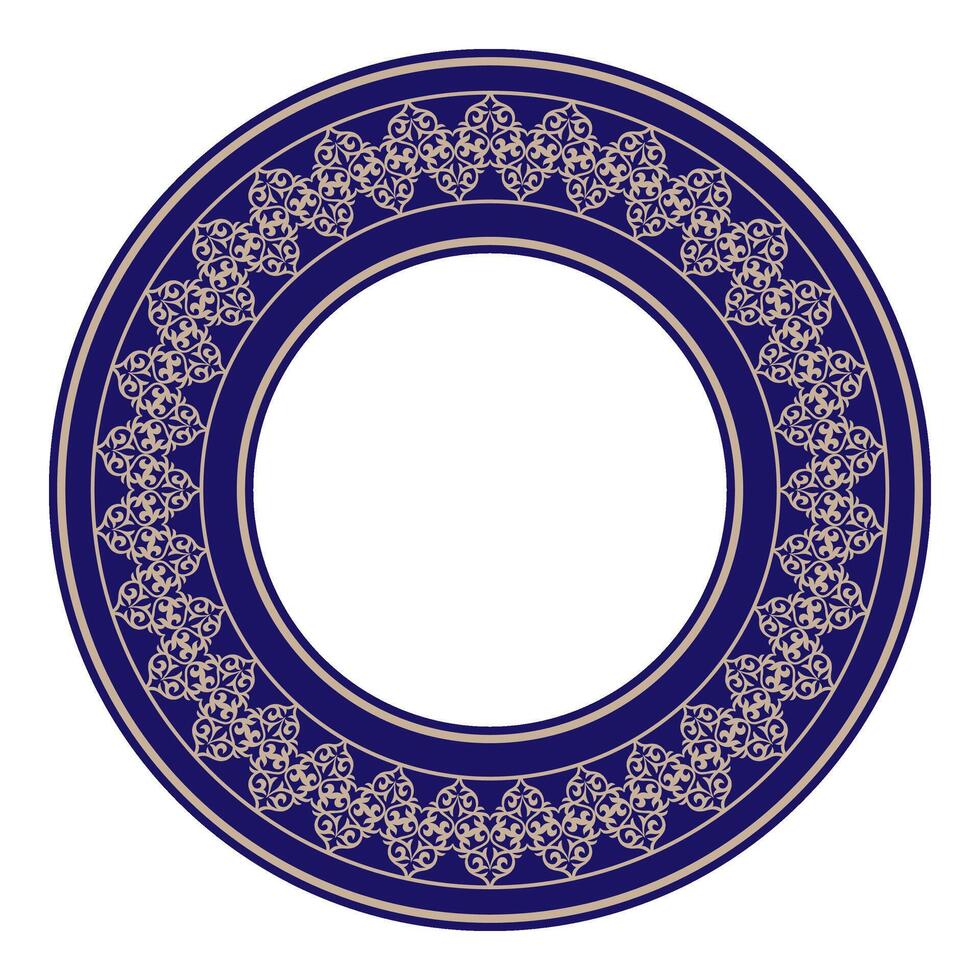 Golden blue Ethnic Asia national round frame. Ethnic Asia ornament of the nomadic peoples of Asia, Kazakhs, Kirghiz, Kalmyks, Mongols, Buryats, Turkmens. For round surfaces, embroidery. vector