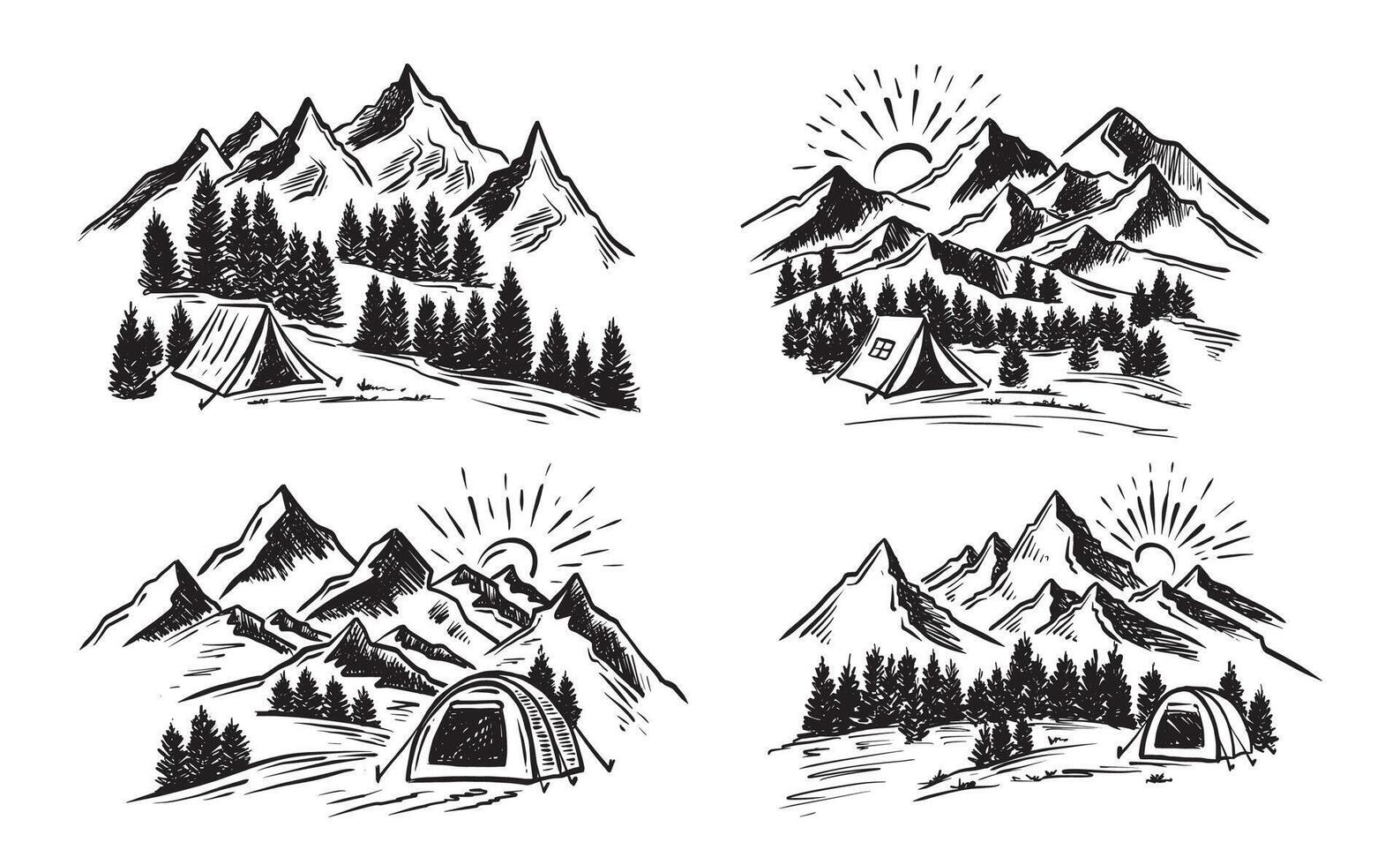 Camping in nature set, Mountain landscape, sketch style, illustrations vector