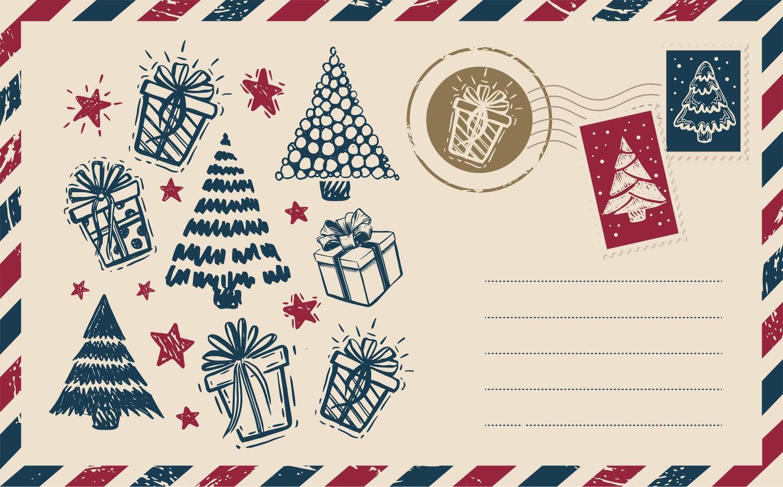Christmas mail with tree and gift, postcard, hand drawn illustration vector