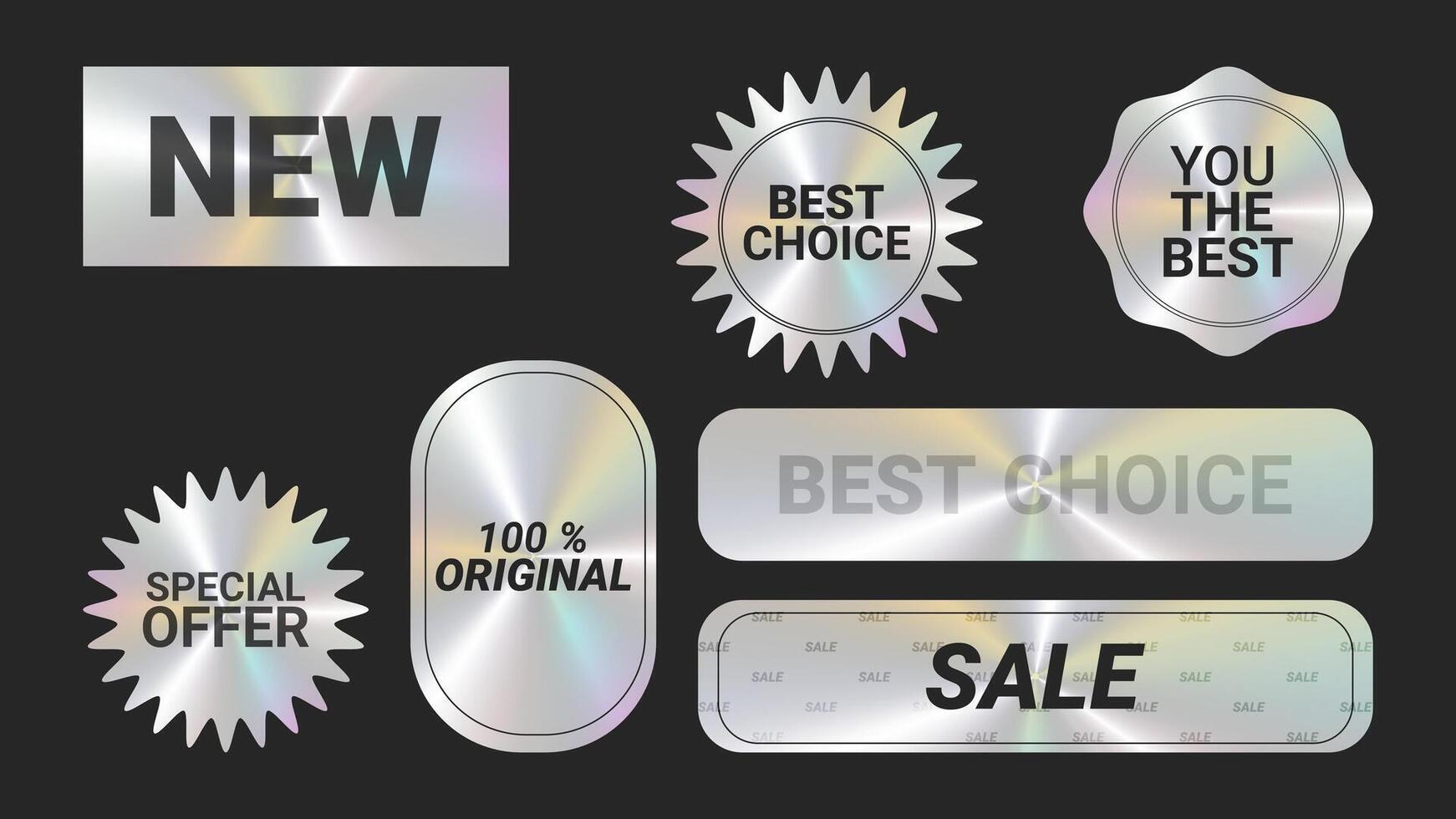 Holographic stickers logos emblem labels color set. Iridescent shapes. For packaging product of promotional material. Sticker for clothes or accessories. illustration. vector