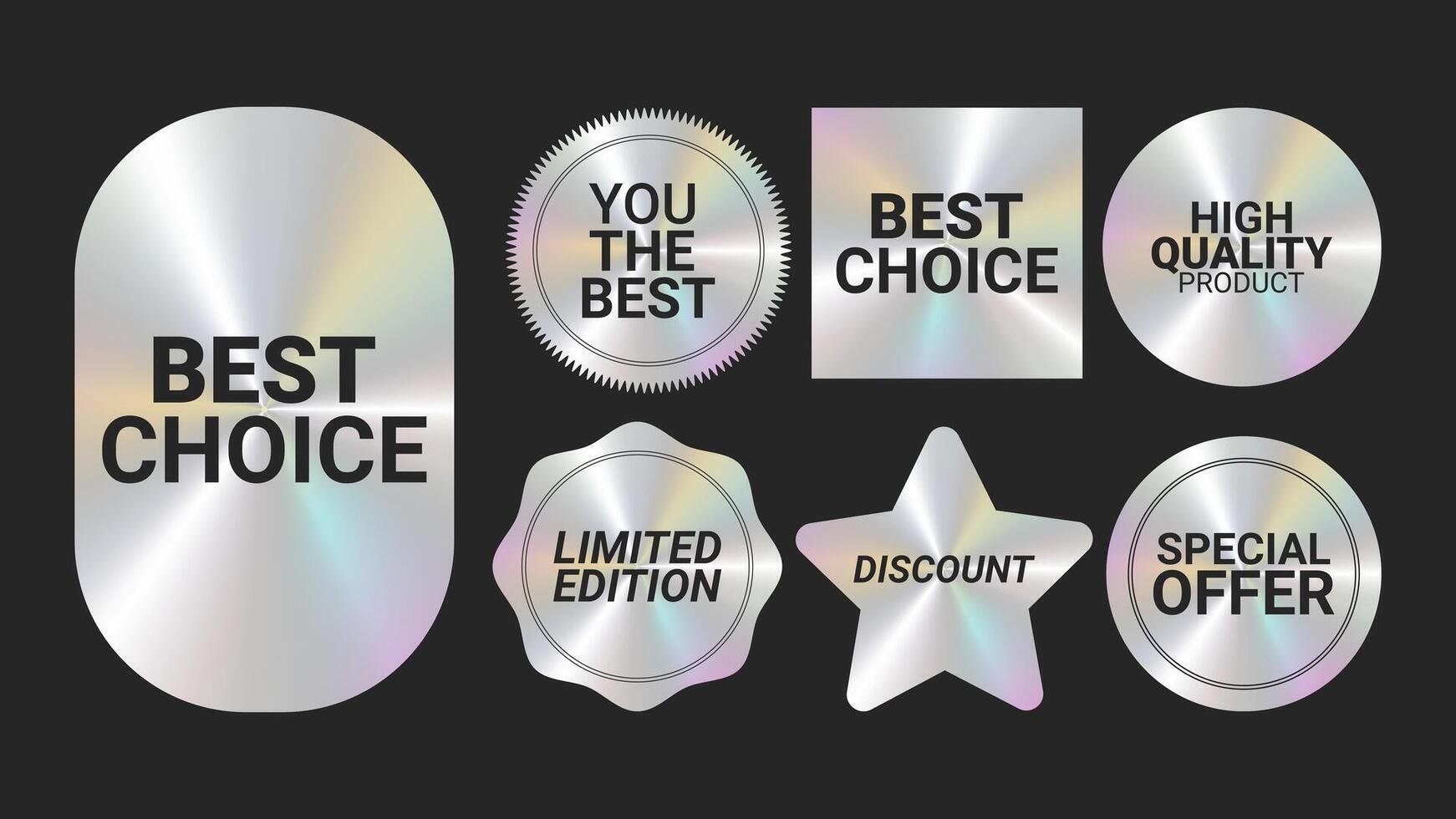 Holographic stickers logos emblem labels color set. Rainbow Stickers. For packaging product of promotional material. Sticker for clothes or accessories. illustration. vector