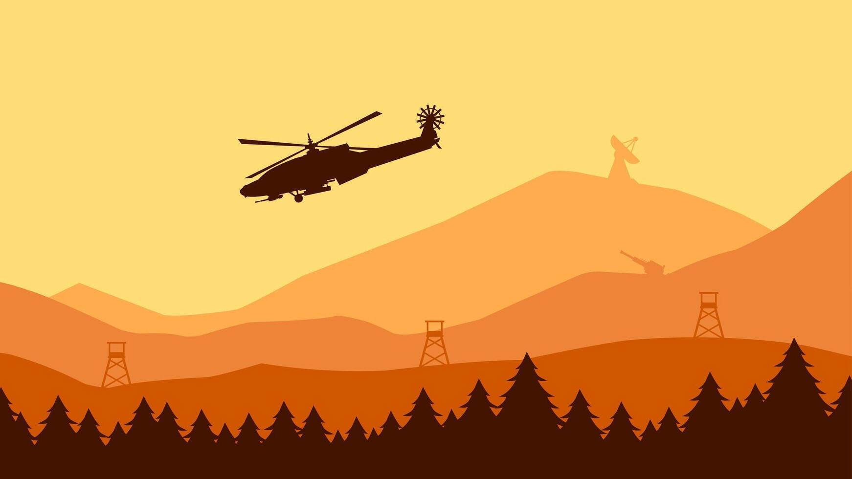 Landscape illustration of military helicopter flying above the forest vector
